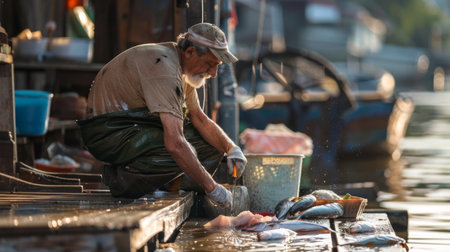 Fisherman cleaning freshly caught fish on a wooden dock, with a bucket of seafood nearby.の素材