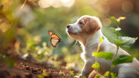 Puppy looking curiously at a butterfly in a garden, capturing a moment of innocent wonder.の素材