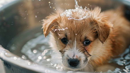 Fluffy puppy being gently rinsed off with a cup of water, looking calm and serene.の素材