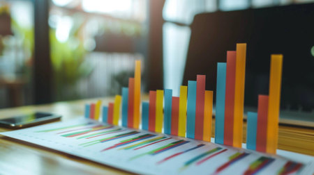 Financial analyst presenting quarterly earnings report with colorful bar charts.の素材