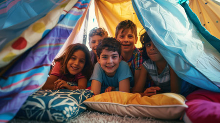 Group of friends building a fort with blankets and cushions in a playroom.の素材
