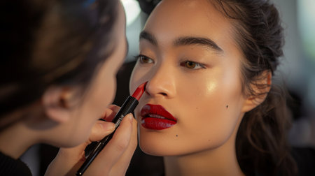Makeup artist applying lipstick to a model, highlighting the process of beauty enhancement.の素材