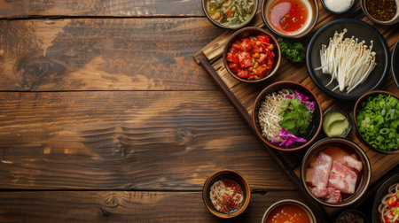 Wooden hot pot table with individual dipping sauces and condiments for customization.の素材