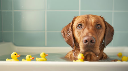 Dog in a bathtub with rubber duckies floating around, creating a cute and fun bath time scene.の素材