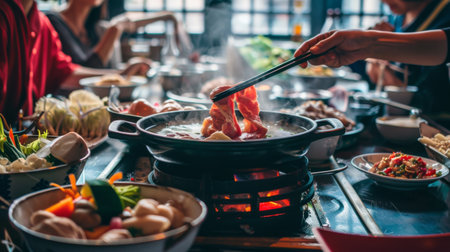 Friends gathering around a shabu-shabu table, dipping meat and vegetables into boiling broth.の素材