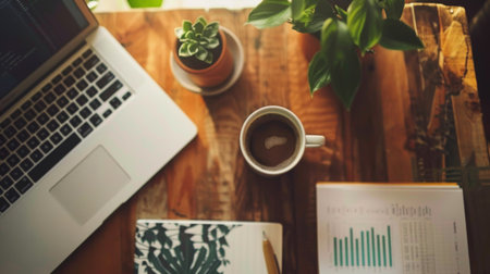 Entrepreneur's desk with financial charts, laptop, and coffee, indicating startup success.の素材