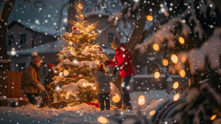 Family decorating a Christmas tree outside, surrounded by snow and festive cheer.の素材