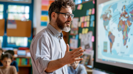 High school teacher explaining historical events with a visual presentation in a classroom.の素材
