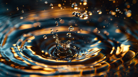 Close-up of perfume droplets splashing into a pool of liquid, creating ripples.の素材