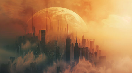 Urban smog and air pollution trapped under a heat dome in a city skyline, exacerbated by climate change.の素材