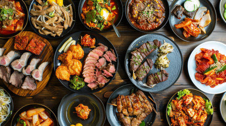 Korean barbecue feast with grilled meats, kimchi, and assorted banchan side dishes.の素材
