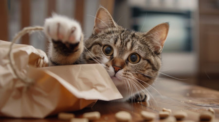 Cute fat cat reaching into a bag of catnip treats with its paw, eager to indulge.の素材