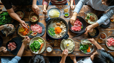Family enjoying a hot pot meal with a variety of fresh vegetables and thinly sliced meats.の素材