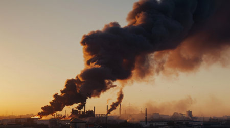 Thick black smoke billowing from a burning industrial facility, against a clear sky.の素材