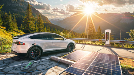 Renewable energy technologies like electric vehicles and solar panels reducing carbon emissions.の素材
