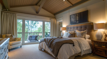 Master bedroom suite with a king-size bed and luxurious linens in a large contemporary home.の素材
