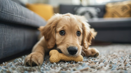 Fluffy puppy chewing on a toy bone, enjoying playtime in a living room setting.の素材