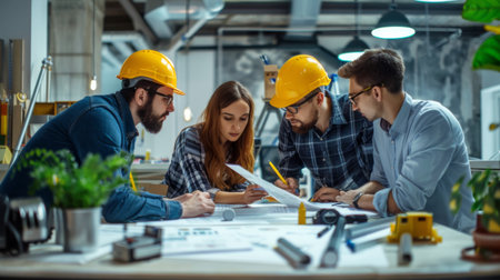 Group of engineers wearing safety helmets and analyzing technical drawings in an office.の素材
