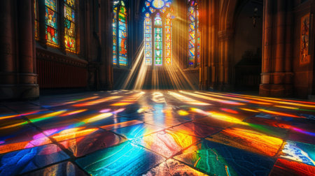 Sunlight streaming through stained glass windows in a church, creating vibrant patterns on the floor.の素材