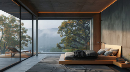 Minimalist bedroom with floor-to-ceiling windows, offering a panoramic view of nature.の素材