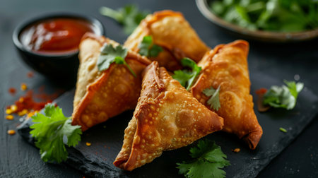 Indian samosas with spicy potato filling, served with chutney and garnished with cilantro.の素材