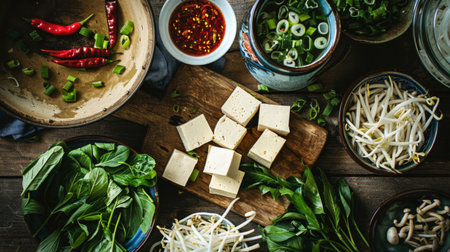 Ingredients for Chinese hot pot, including tofu, noodles, and leafy greens.の素材