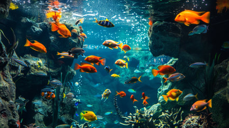 Spectacular aquarium display at the zoo, with colorful fish swimming in a large tank.の素材