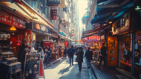 Tourist exploring a bustling city street filled with vibrant shops and cafes, capturing the essence of urban adventure.の素材