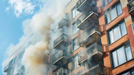 Urban apartment building fire with smoke escaping from windows and balconies.の素材