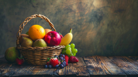 A basket filled with a variety of fresh, colorful fruits on a rustic wooden table.の素材