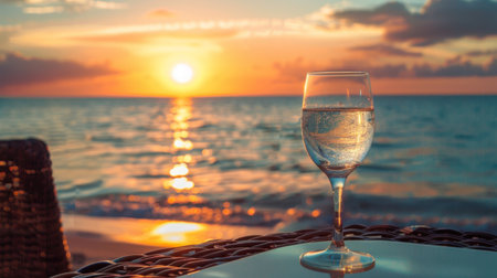 A beachside view with a water glass on a table overlooking the ocean at sunset.の素材