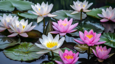 A beautiful arrangement of pink and white lotus flowers in a pond.の素材