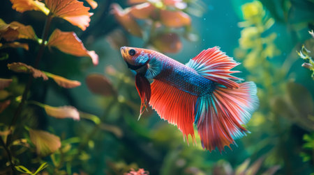 A betta fish gracefully swimming among aquatic plants in a beautifully decorated tank.の素材