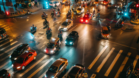 A busy urban intersection with cars and motorcycles navigating through traffic lights.の素材