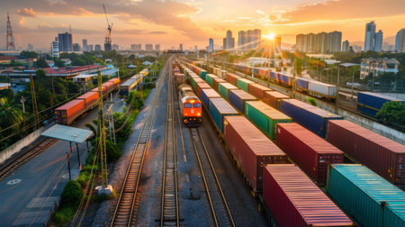 A cargo train loaded with shipping containers passing through an industrial area.の素材