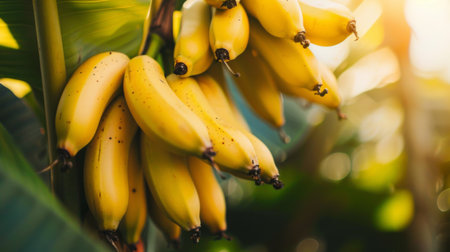 A close-up of a bunch of ripe bananas hanging on a tree.の素材
