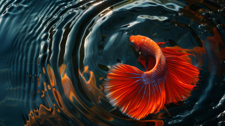 A betta fish in motion, creating ripples in the water with its tail fin.の素材