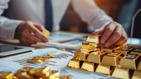 A businessman discussing gold market graphs and investment strategies in a meeting.の素材