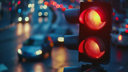 A close-up of a traffic light showing a red signal with traffic moving in the background.の素材