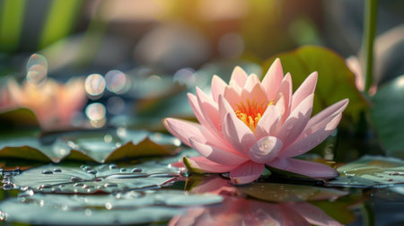 A close-up of a pink lotus flower blooming in a serene pond.の素材