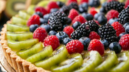 A close-up of a fruit tart topped with an array of fresh berries and kiwi slices.の素材