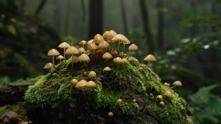A cluster of tiny mushrooms growing on a moss-covered rock in a damp forest.の素材