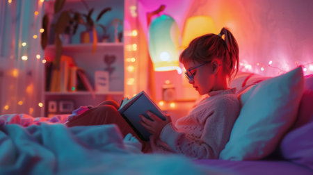 A child reading a book under a colorful lamp in a cozy bedroom.の素材
