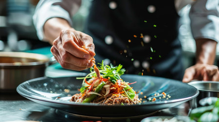 A chef garnishing a plate of spicy Thai minced pork salad (larb moo).の素材