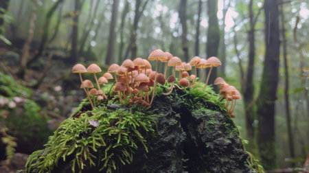 A cluster of tiny mushrooms growing on a moss-covered rock in a damp forest.の素材