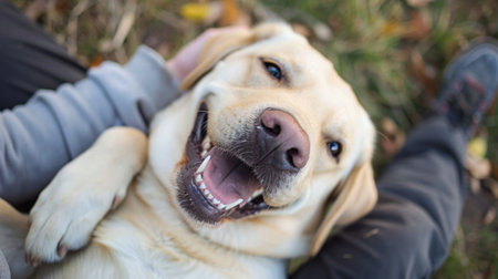 A close-up of a Labrador retriever with a big smile, enjoying a belly rub from its owner.の素材