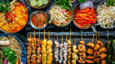 A colorful spread of Thai street food including pad thai, satay, and som tam.の素材