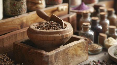 A close-up of a traditional wooden spice grinder with various aromatic spices inside.の素材