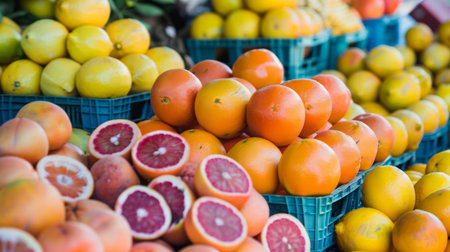 A colorful display of citrus fruits, including grapefruits, oranges, and lemons, at a farmers' market.の素材