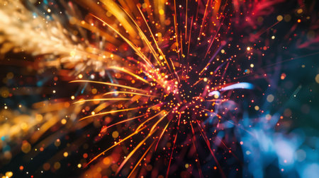 A close-up of vibrant fireworks exploding with trails of sparks and colors.の素材